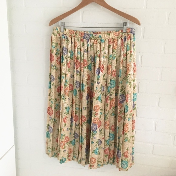 Vintage Midi skirt Pleated Satin Floral print Fairy Cream Peach Aqua purple L - Picture 4 of 12